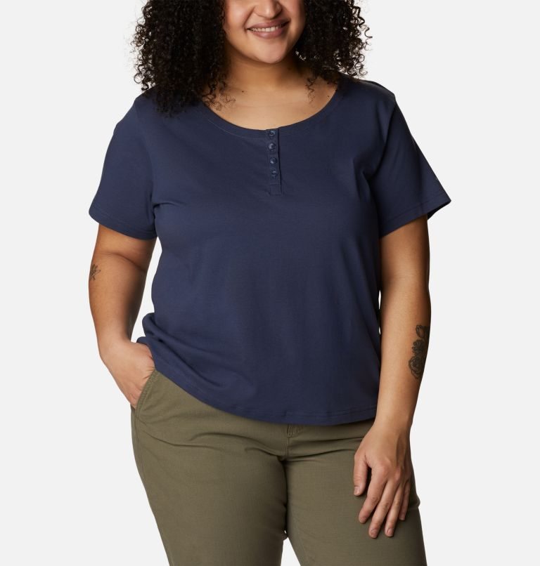 Women's Columbia Sapphire Point Henley T Shirts Navy | Plus Size CA-Y0L6A